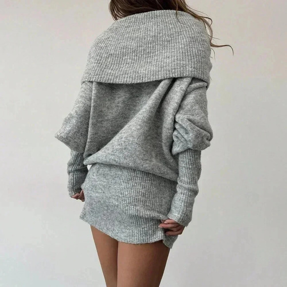 Dark Grey Casual Women's Y2k Style Long Sleeve Off-Shoulder Sweater Dress - Picture 6 of 9